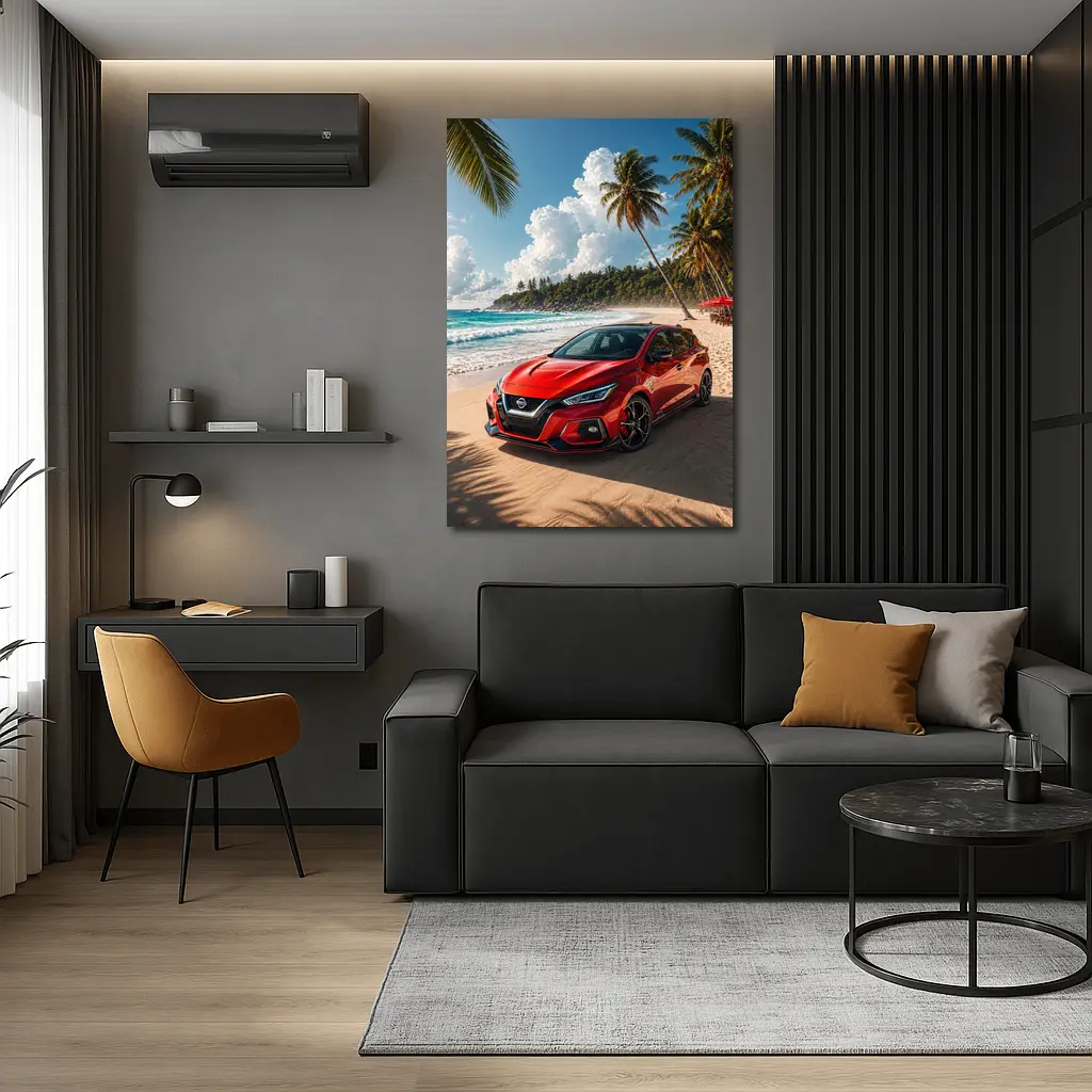 Nissan Versa Red Car Tropical Beach – Wall Art