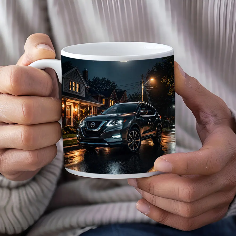 Nissan Rogue Parked On Moonlit Suburban Street – Mugs