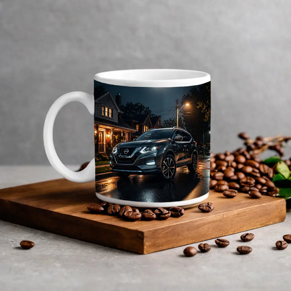 Nissan Rogue Parked On Moonlit Suburban Street – Mugs