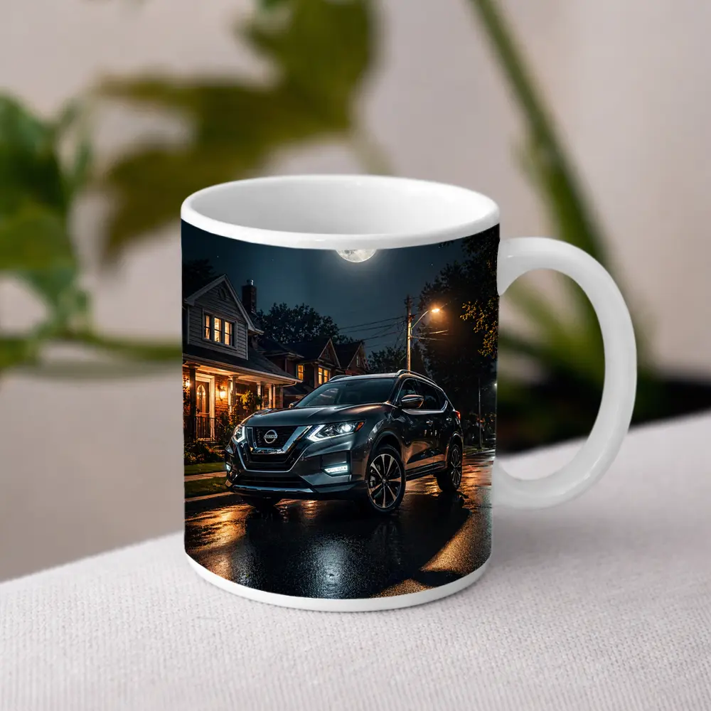Nissan Rogue Parked On Moonlit Suburban Street – Mugs