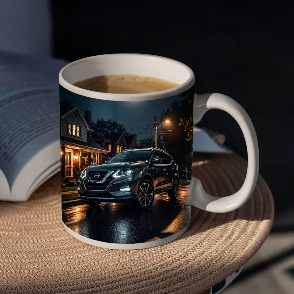 Nissan Rogue Parked On Moonlit Suburban Street – Mugs