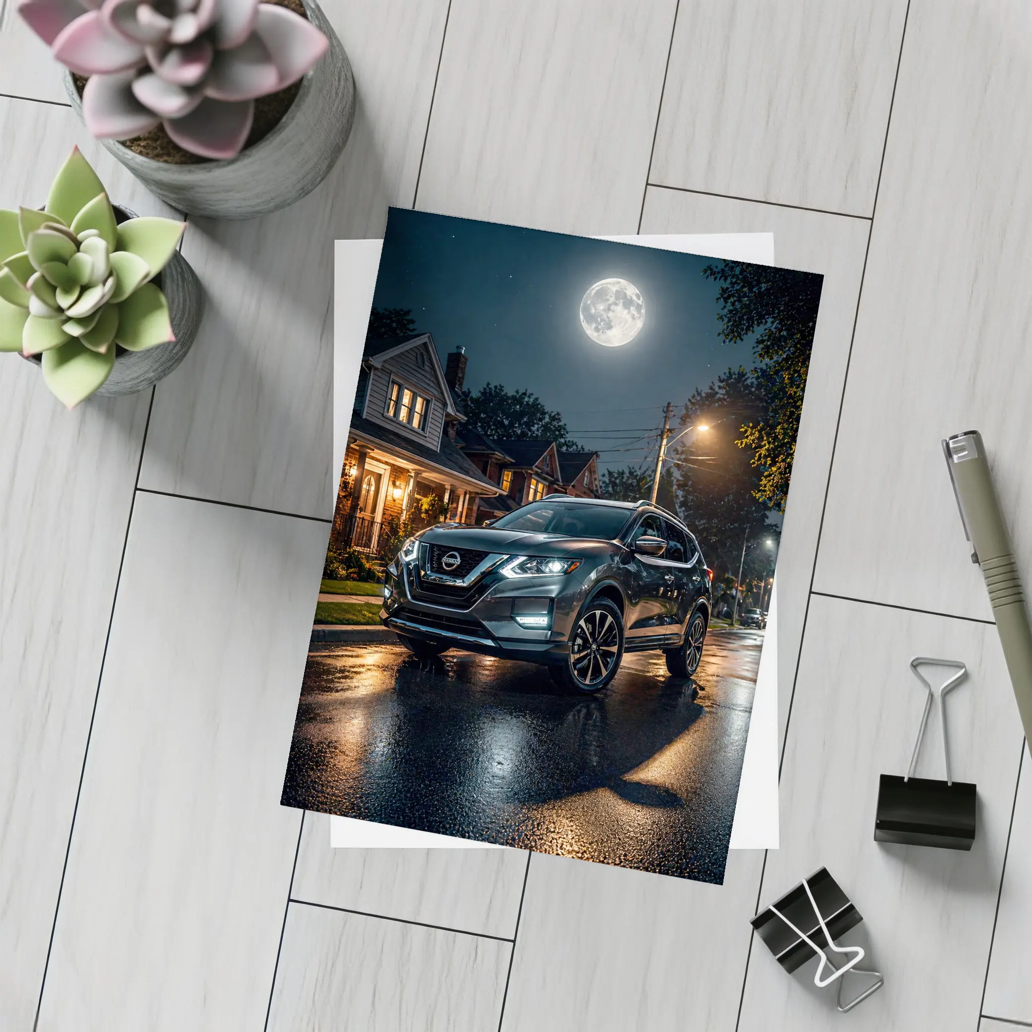 Nissan Rogue Parked On Moonlit Suburban Street – Postcards