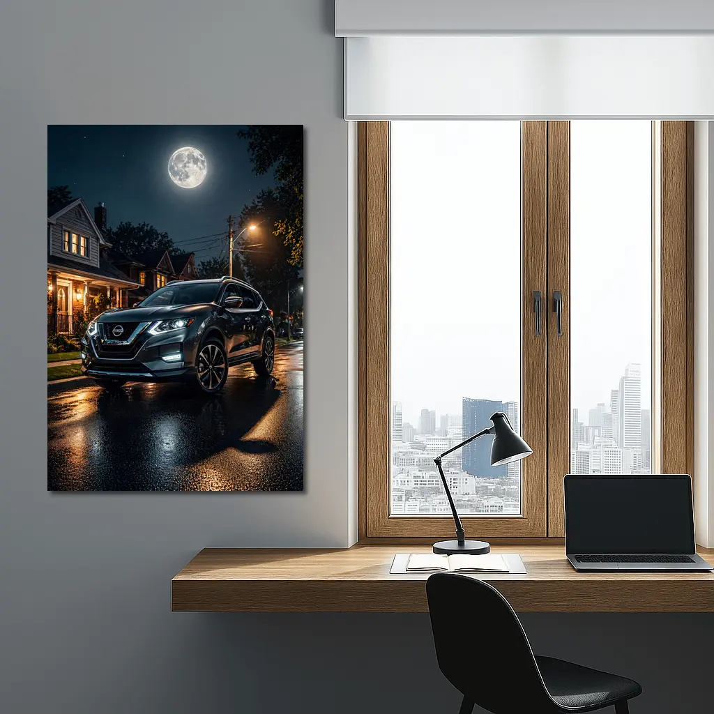 Nissan Rogue Parked On Moonlit Suburban Street – Wall Art