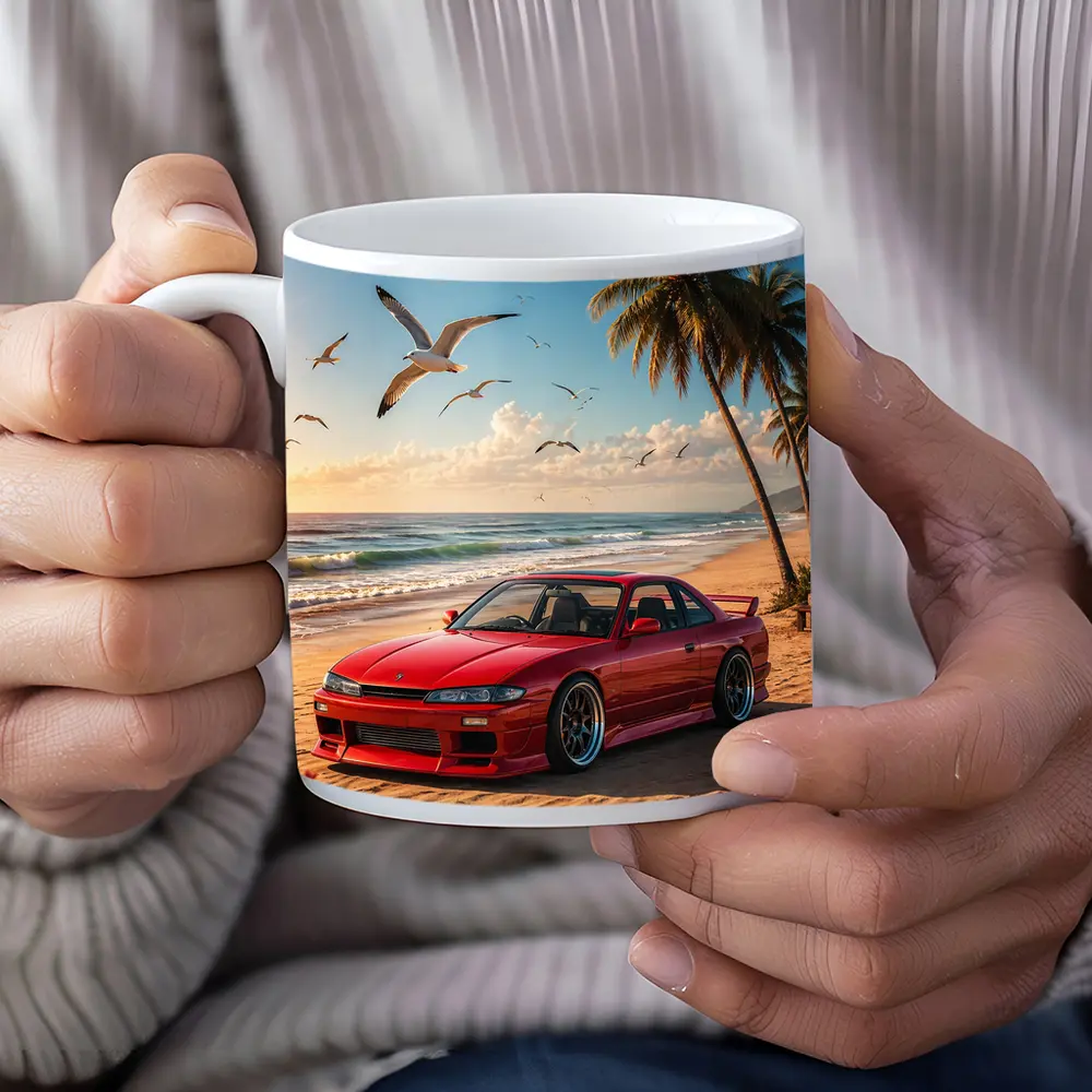 Nissan Silvia Red Car Beach Palm Trees – Mugs