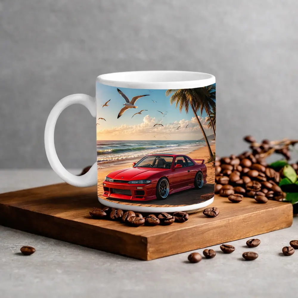 Nissan Silvia Red Car Beach Palm Trees – Mugs