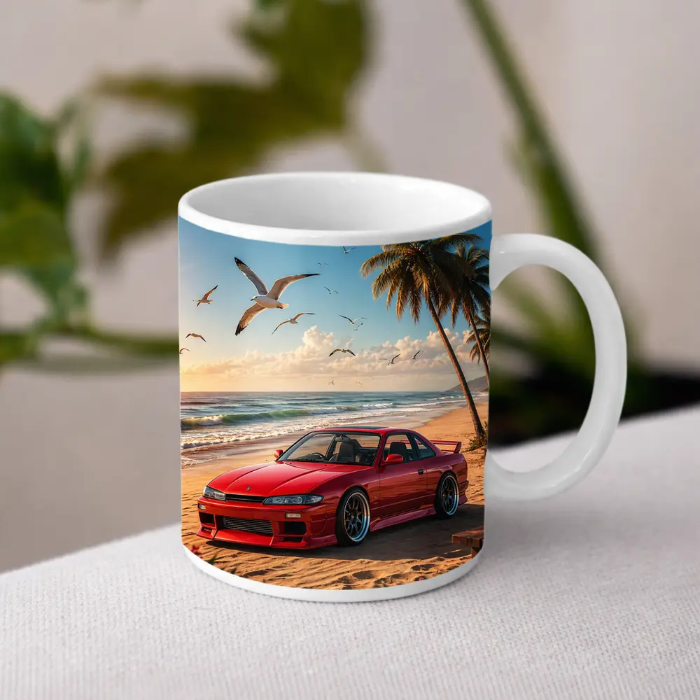 Nissan Silvia Red Car Beach Palm Trees – Mugs