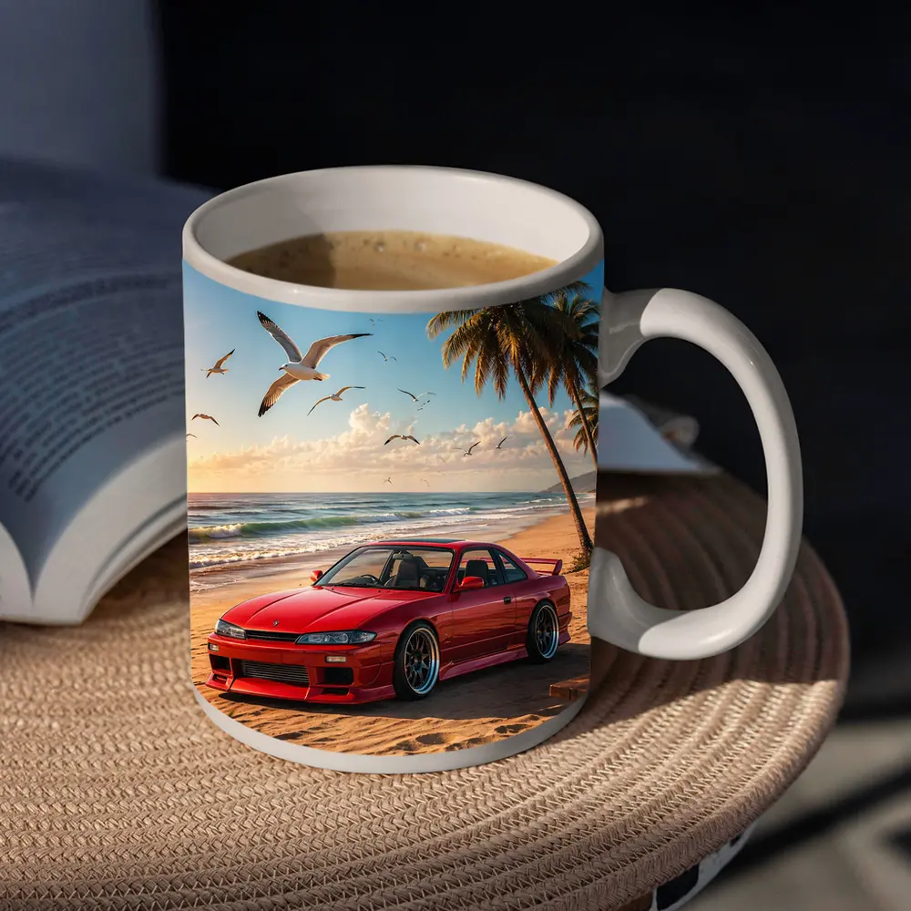 Nissan Silvia Red Car Beach Palm Trees – Mugs