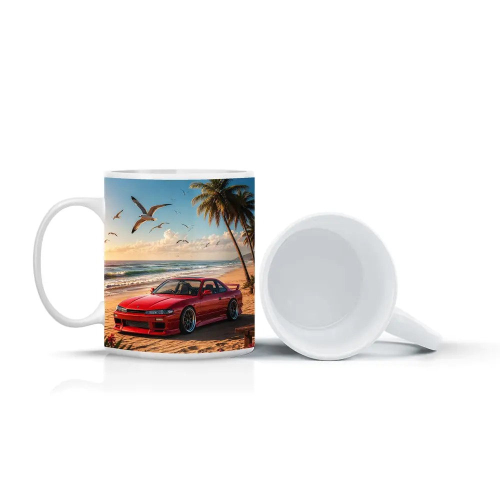 Nissan Silvia Red Car Beach Palm Trees – Mugs