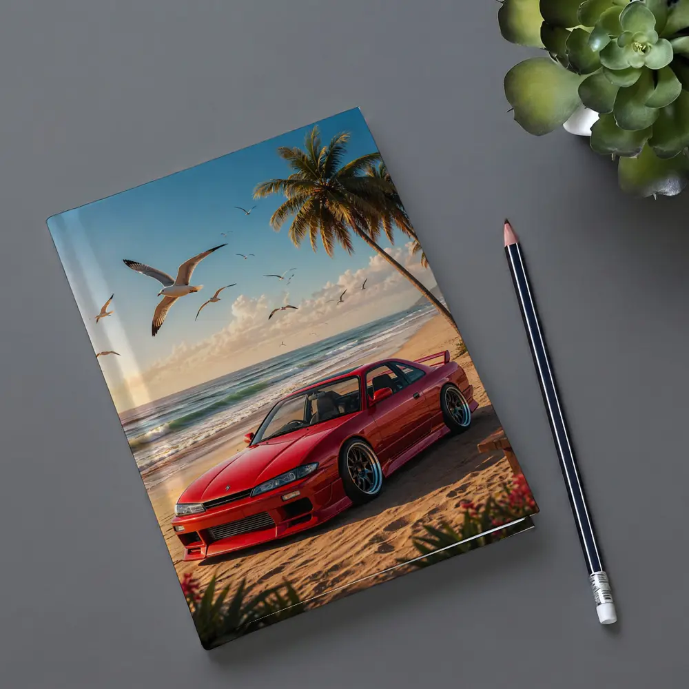 Nissan Silvia Red Car Beach Palm Trees – Notebooks