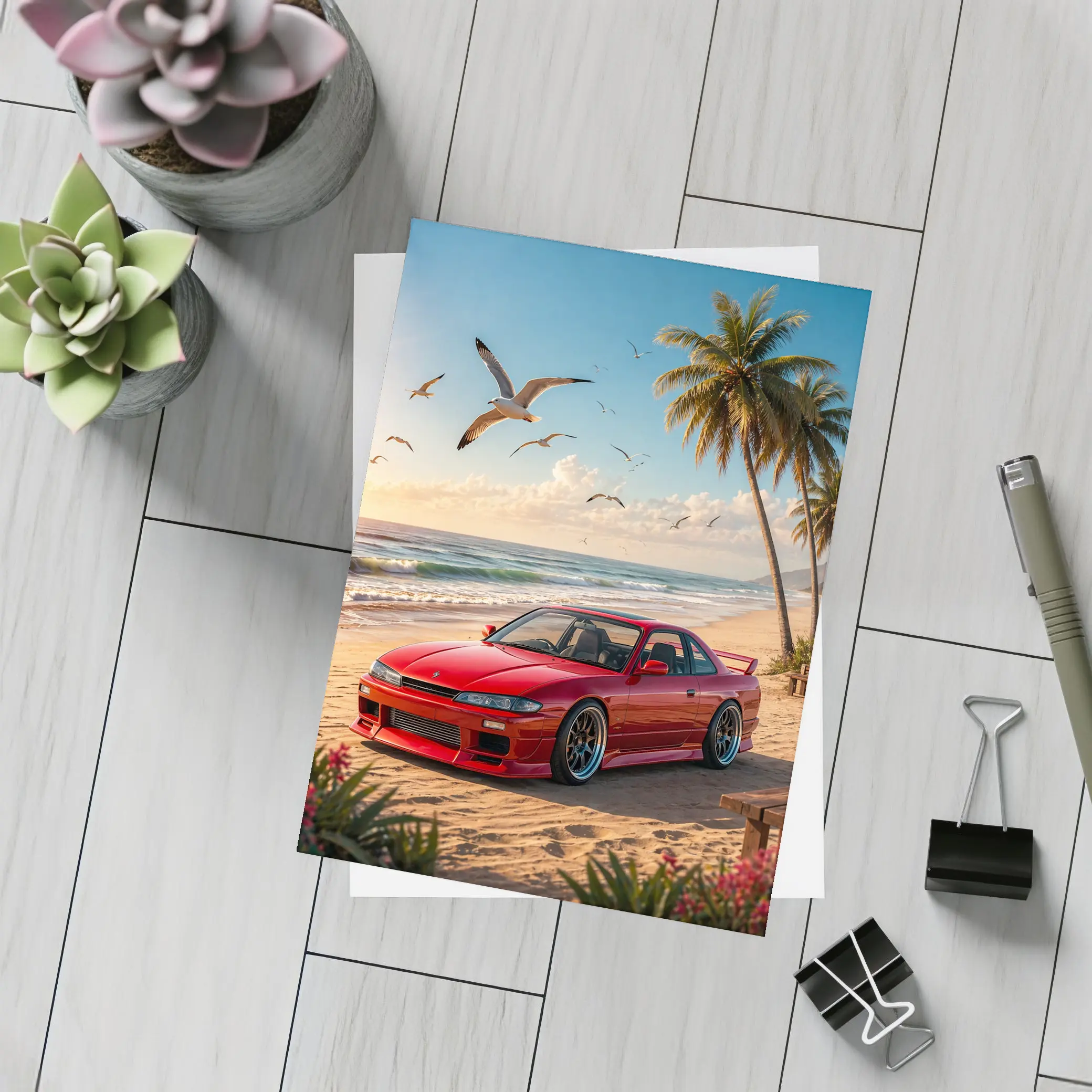 Nissan Silvia Red Car Beach Palm Trees – Postcards
