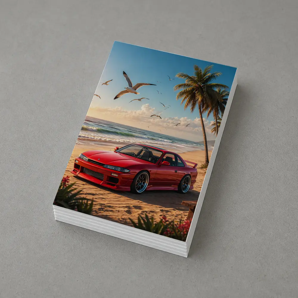 Nissan Silvia Red Car Beach Palm Trees – Postcards