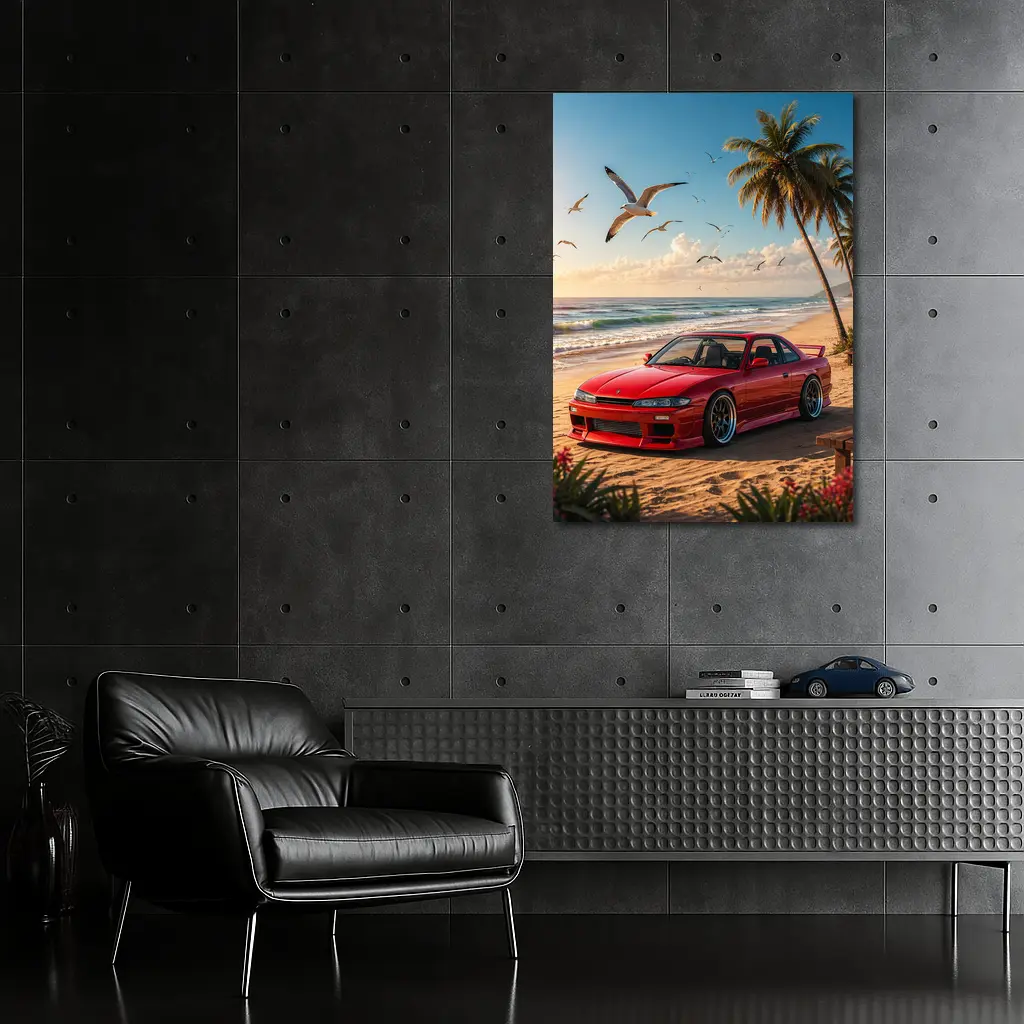 Nissan Silvia Red Car Beach Palm Trees – Wall Art