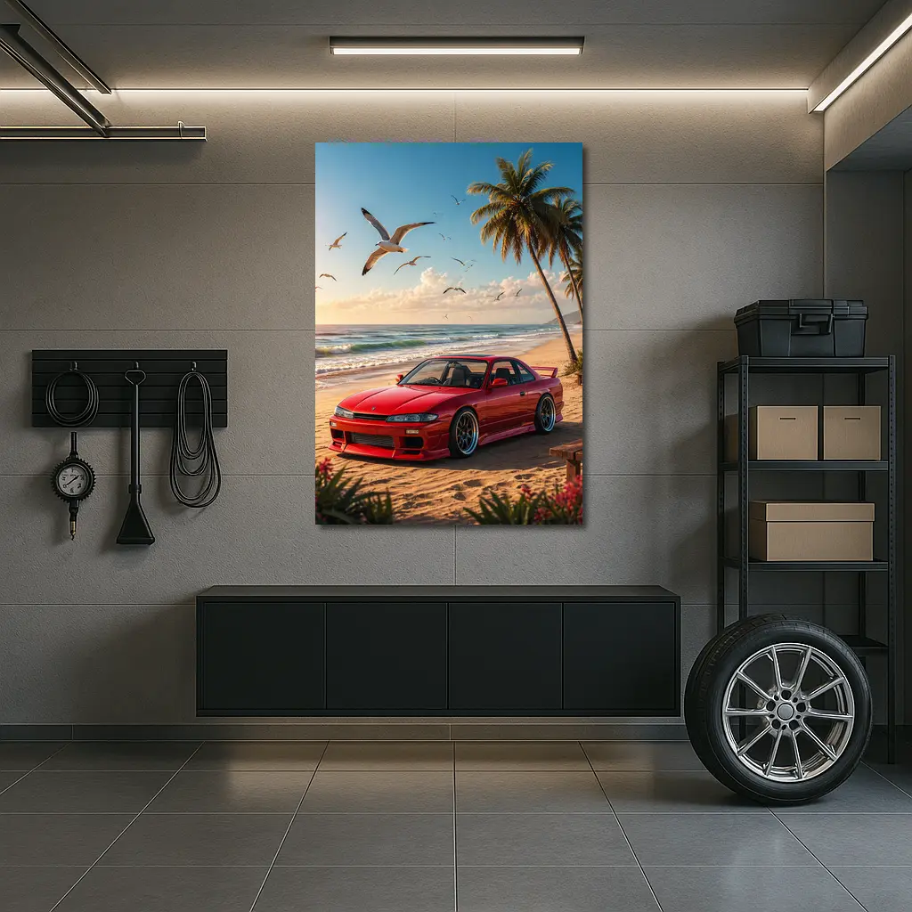 Nissan Silvia Red Car Beach Palm Trees – Wall Art