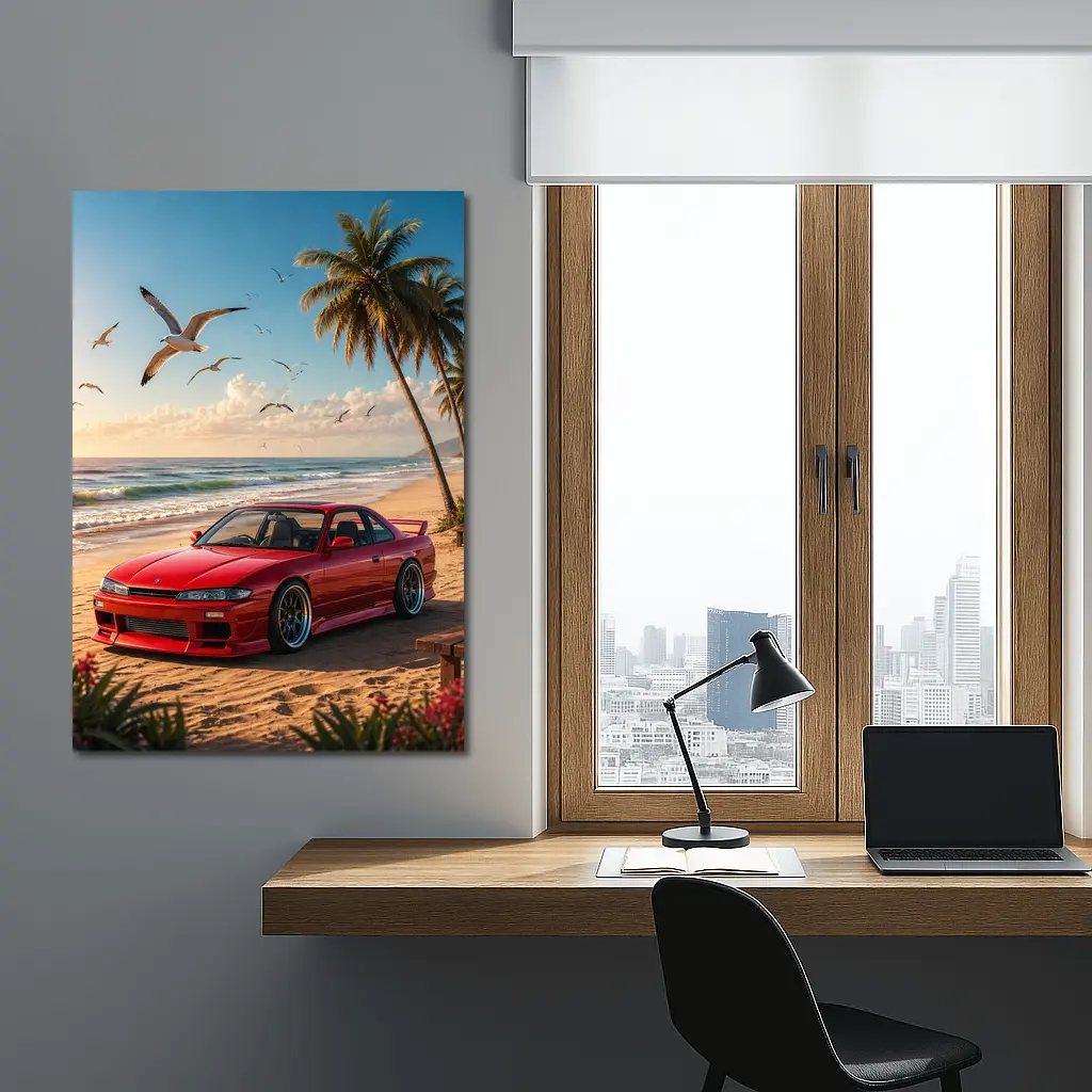 Nissan Silvia Red Car Beach Palm Trees – Wall Art