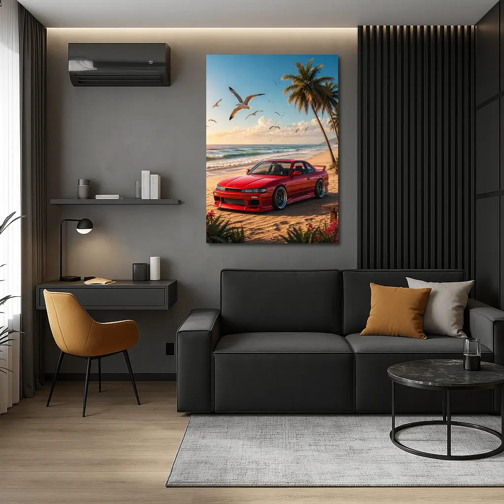 Nissan Silvia Red Car Beach Palm Trees – Wall Art