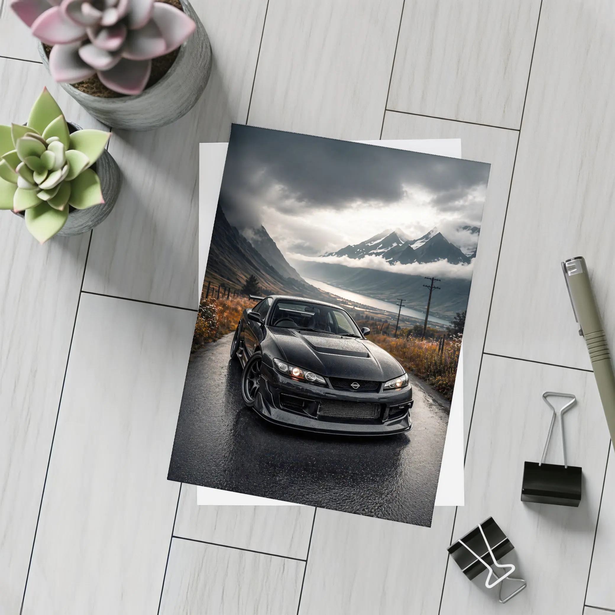 Nissan Silvia Black Car Moody Mountain Road – Postcards
