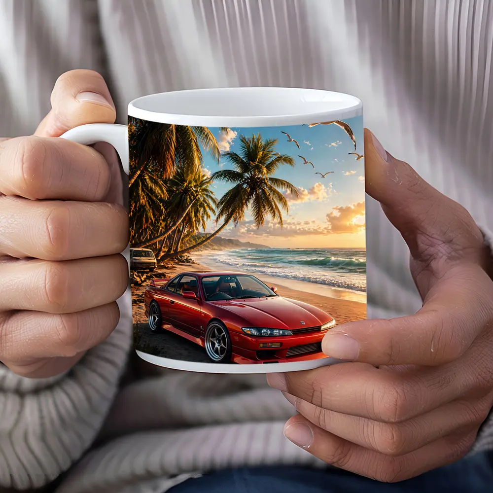 Nissan Silvia Red Sports Car Beach Sunset – Mugs