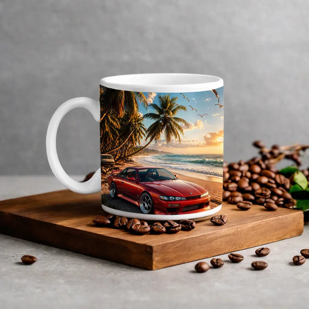 Nissan Silvia Red Sports Car Beach Sunset – Mugs