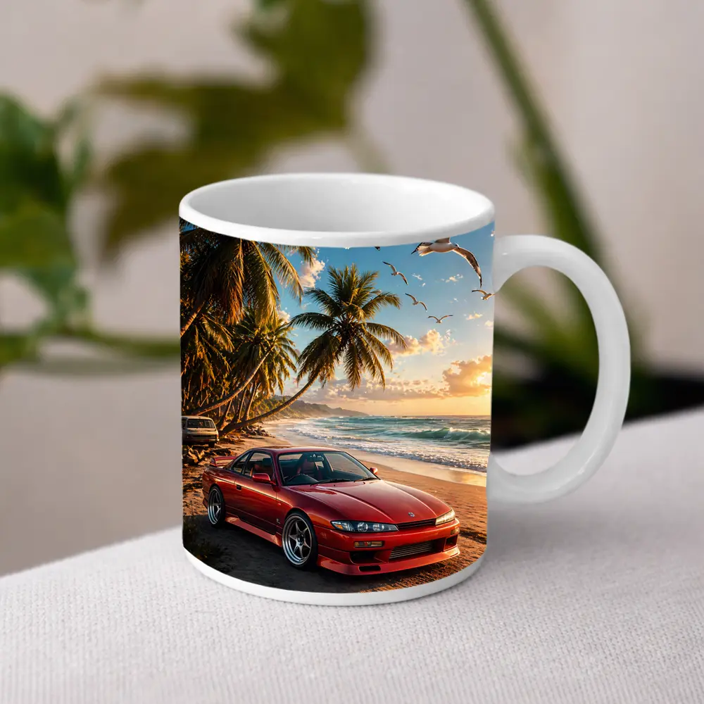 Nissan Silvia Red Sports Car Beach Sunset – Mugs