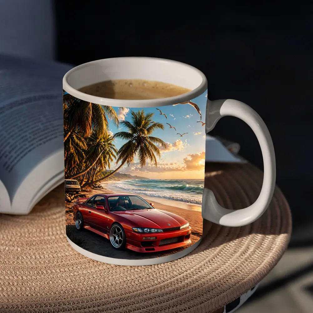 Nissan Silvia Red Sports Car Beach Sunset – Mugs