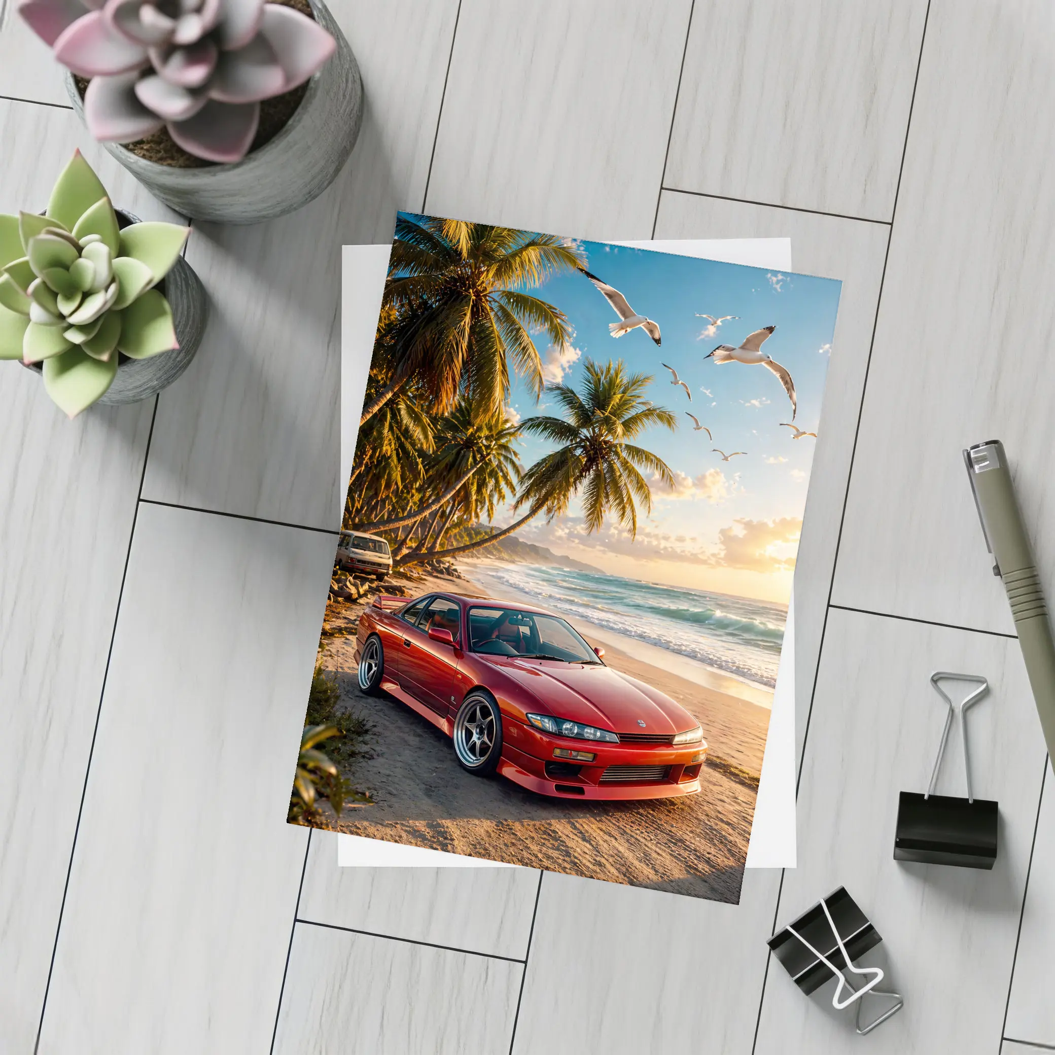 Nissan Silvia Red Sports Car Beach Sunset – Postcards