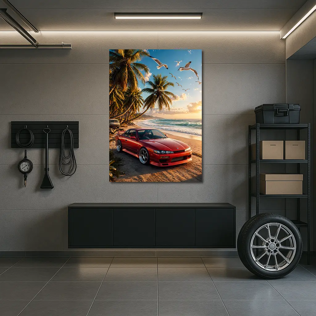 Nissan Silvia Red Sports Car Beach Sunset – Wall Art
