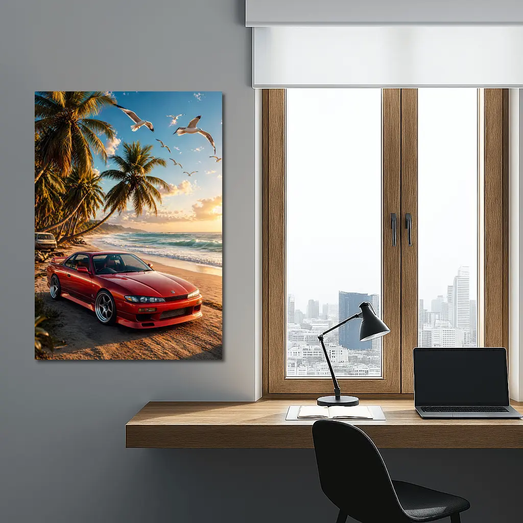 Nissan Silvia Red Sports Car Beach Sunset – Wall Art
