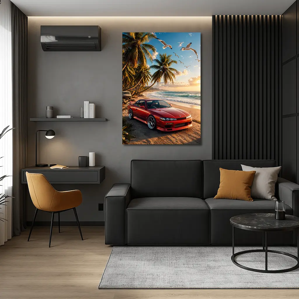 Nissan Silvia Red Sports Car Beach Sunset – Wall Art