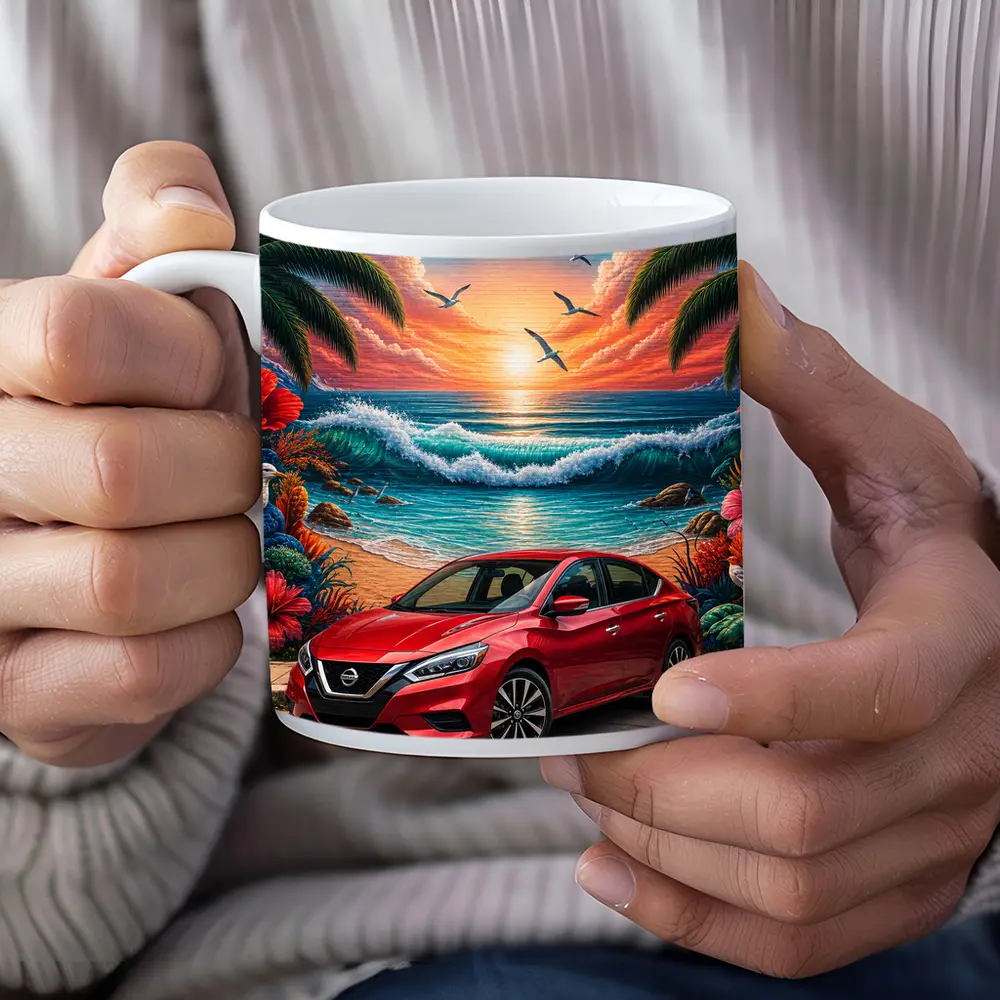 Nissan Sentra Red Car Tropical Beach Mural – Mugs