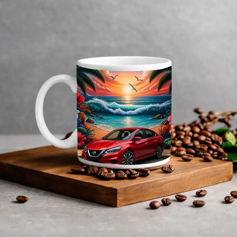 Nissan Sentra Red Car Tropical Beach Mural – Mugs
