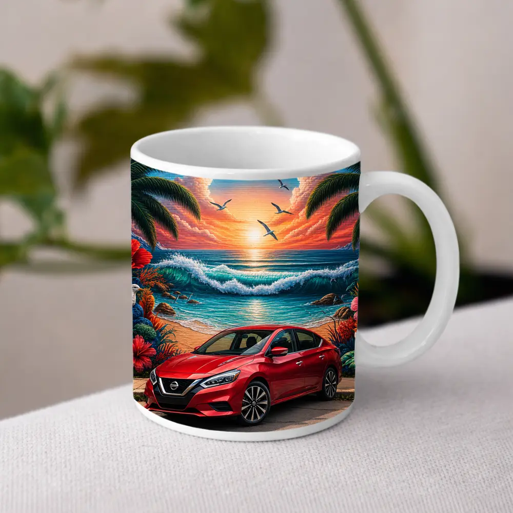 Nissan Sentra Red Car Tropical Beach Mural – Mugs