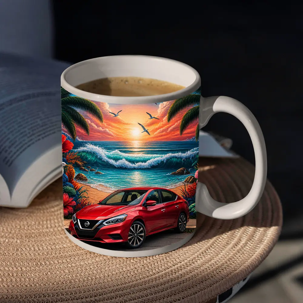 Nissan Sentra Red Car Tropical Beach Mural – Mugs