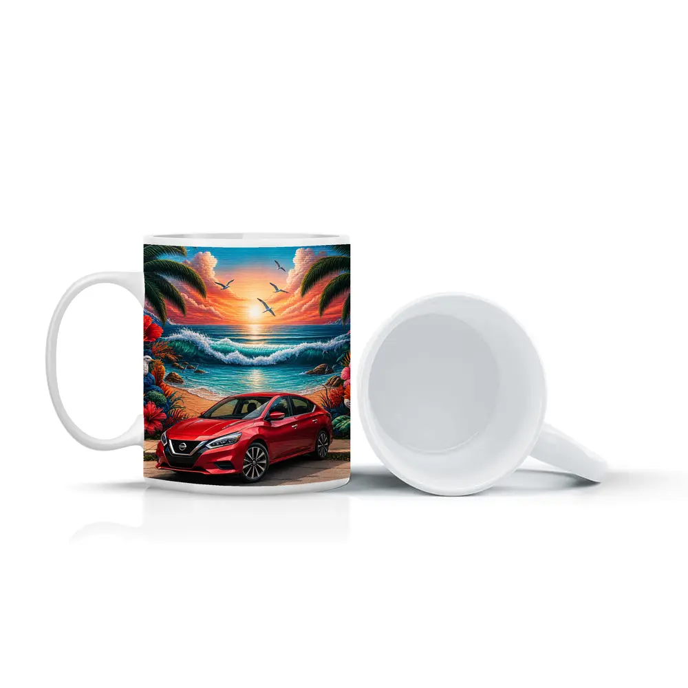 Nissan Sentra Red Car Tropical Beach Mural – Mugs