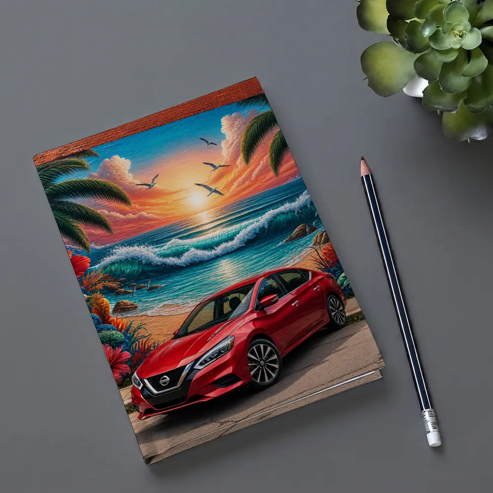 Nissan Sentra Red Car Tropical Beach Mural – Notebooks