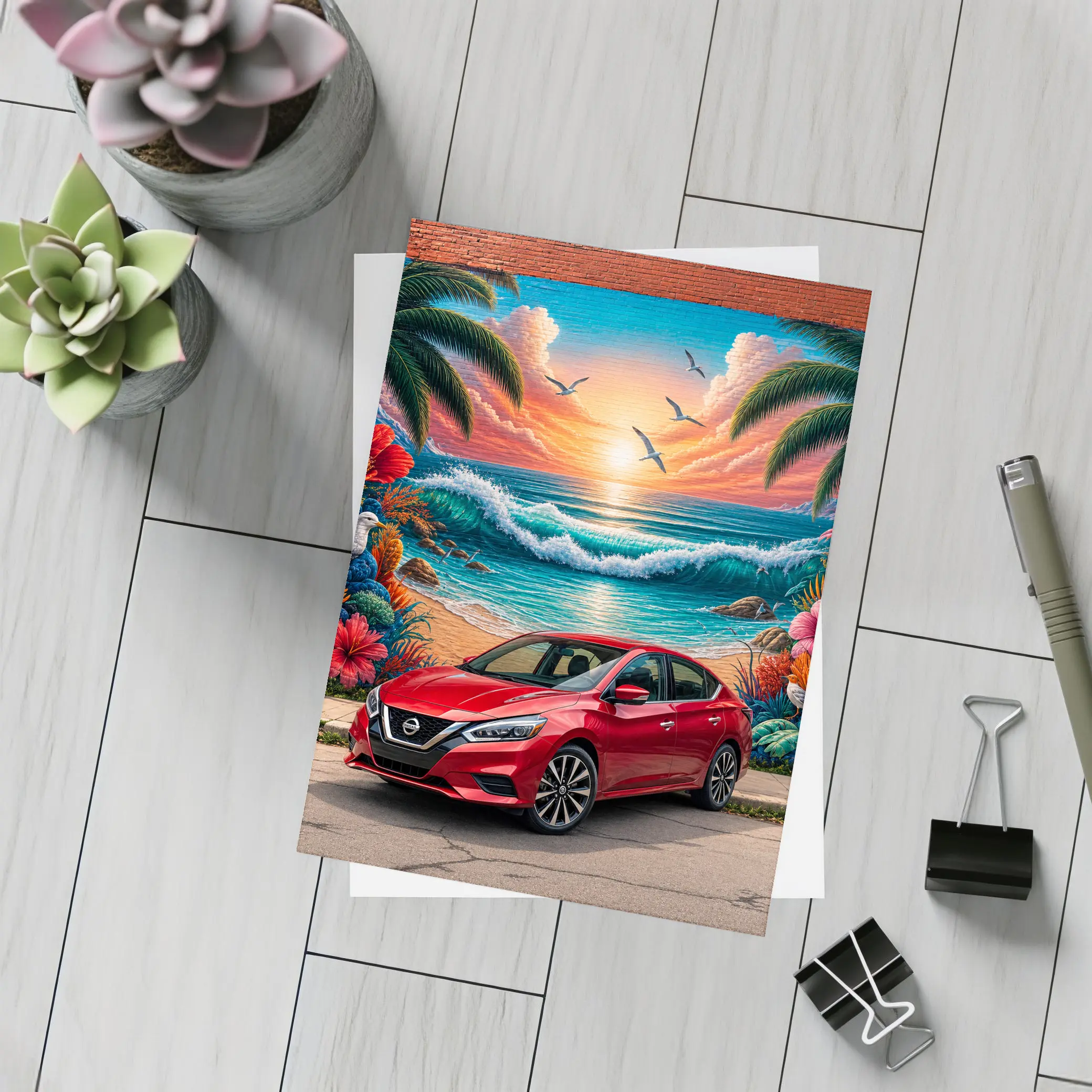 Nissan Sentra Red Car Tropical Beach Mural – Postcards