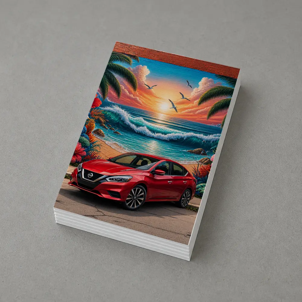 Nissan Sentra Red Car Tropical Beach Mural – Postcards