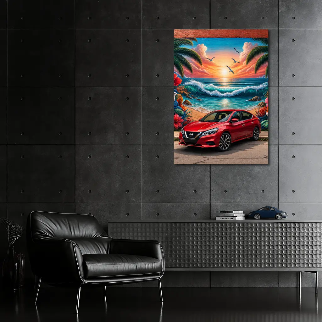 Nissan Sentra Red Car Tropical Beach Mural – Wall Art