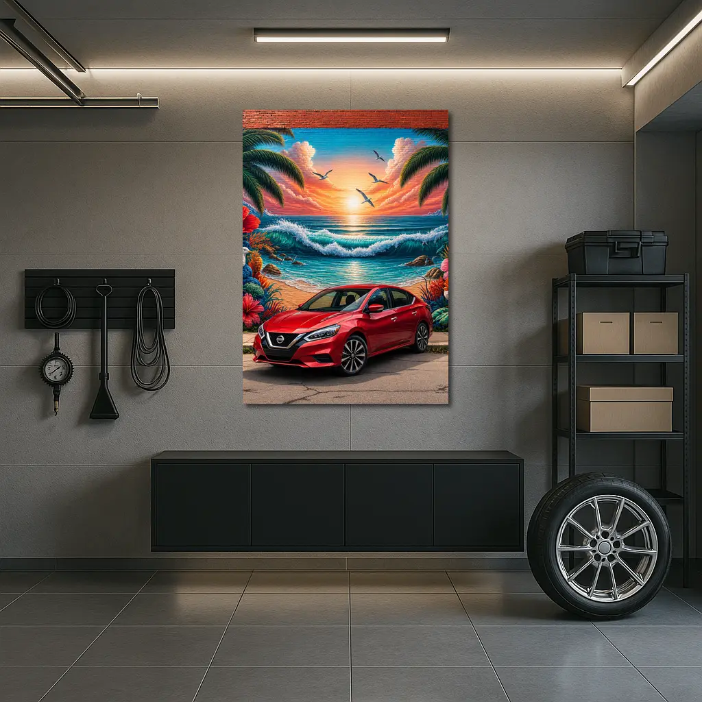 Nissan Sentra Red Car Tropical Beach Mural – Wall Art