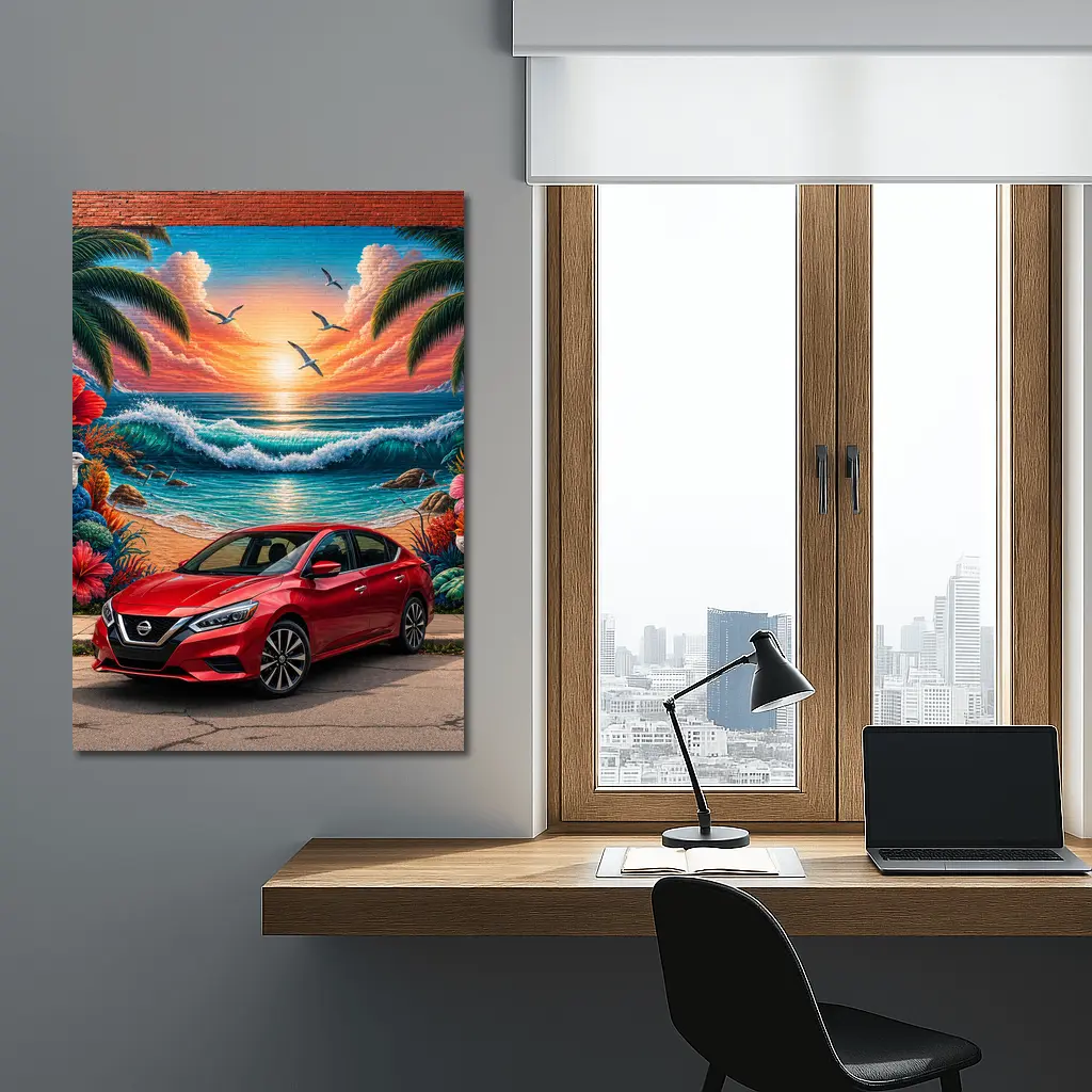 Nissan Sentra Red Car Tropical Beach Mural – Wall Art