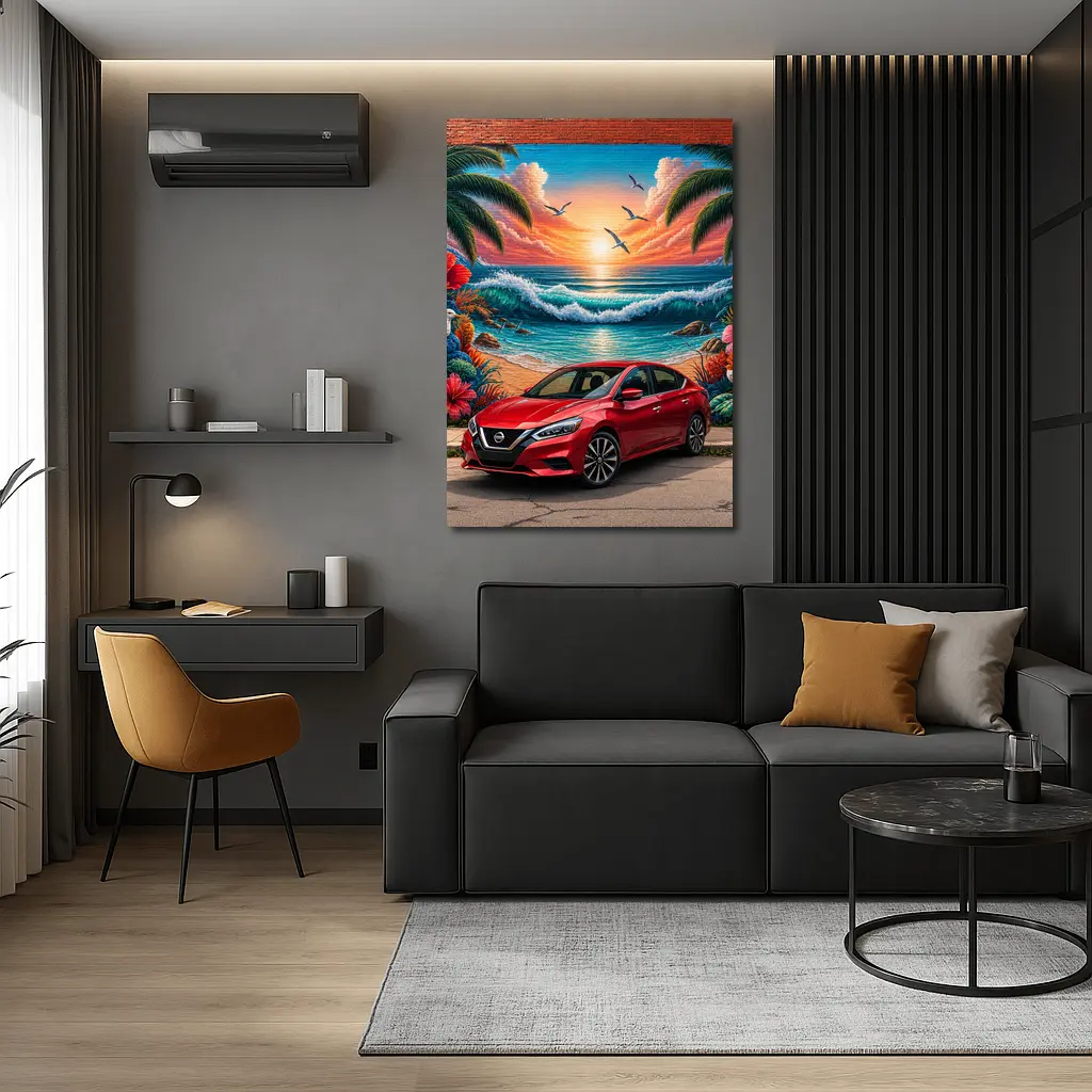 Nissan Sentra Red Car Tropical Beach Mural – Wall Art