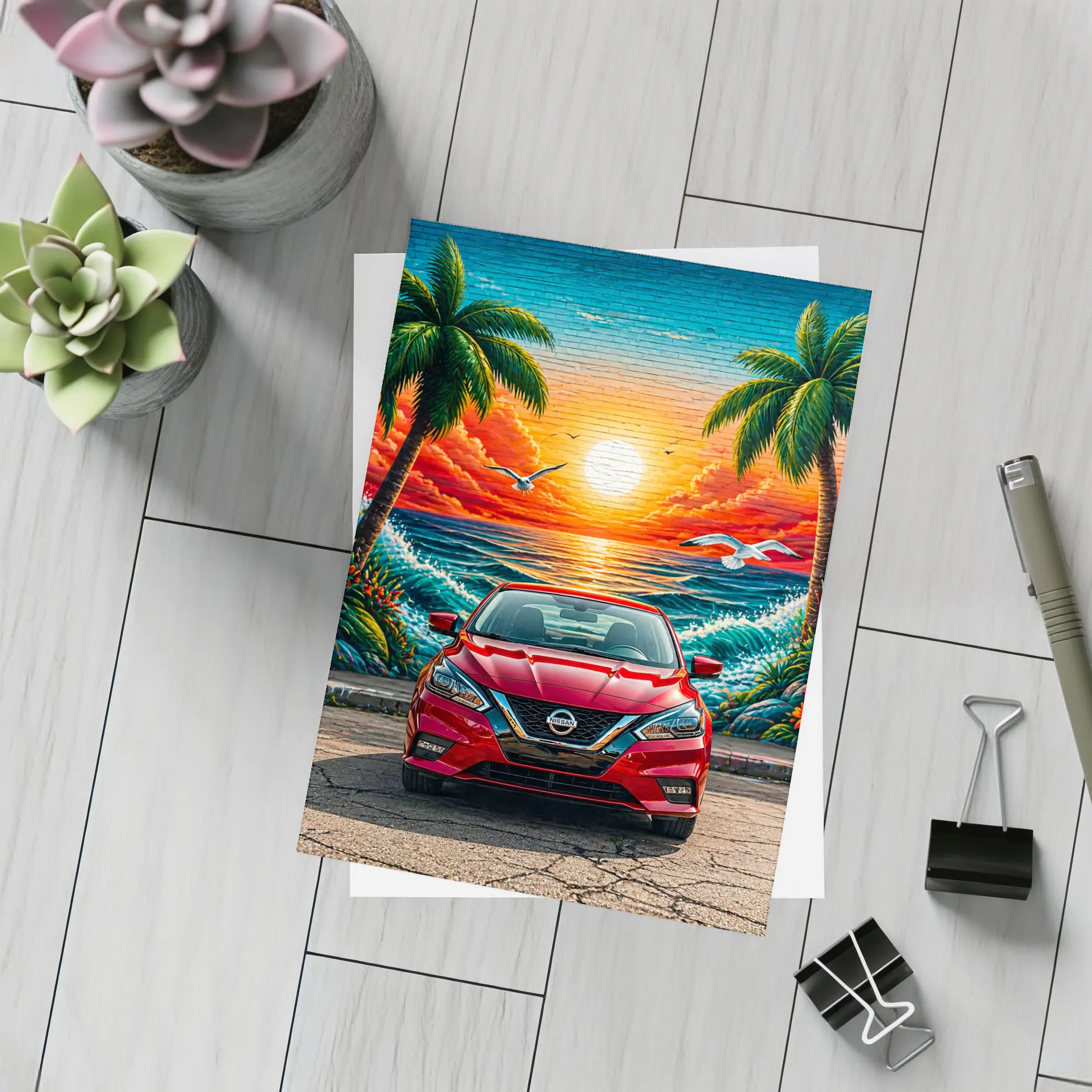 Nissan Sentra Red Sunset Beach Mural – Postcards