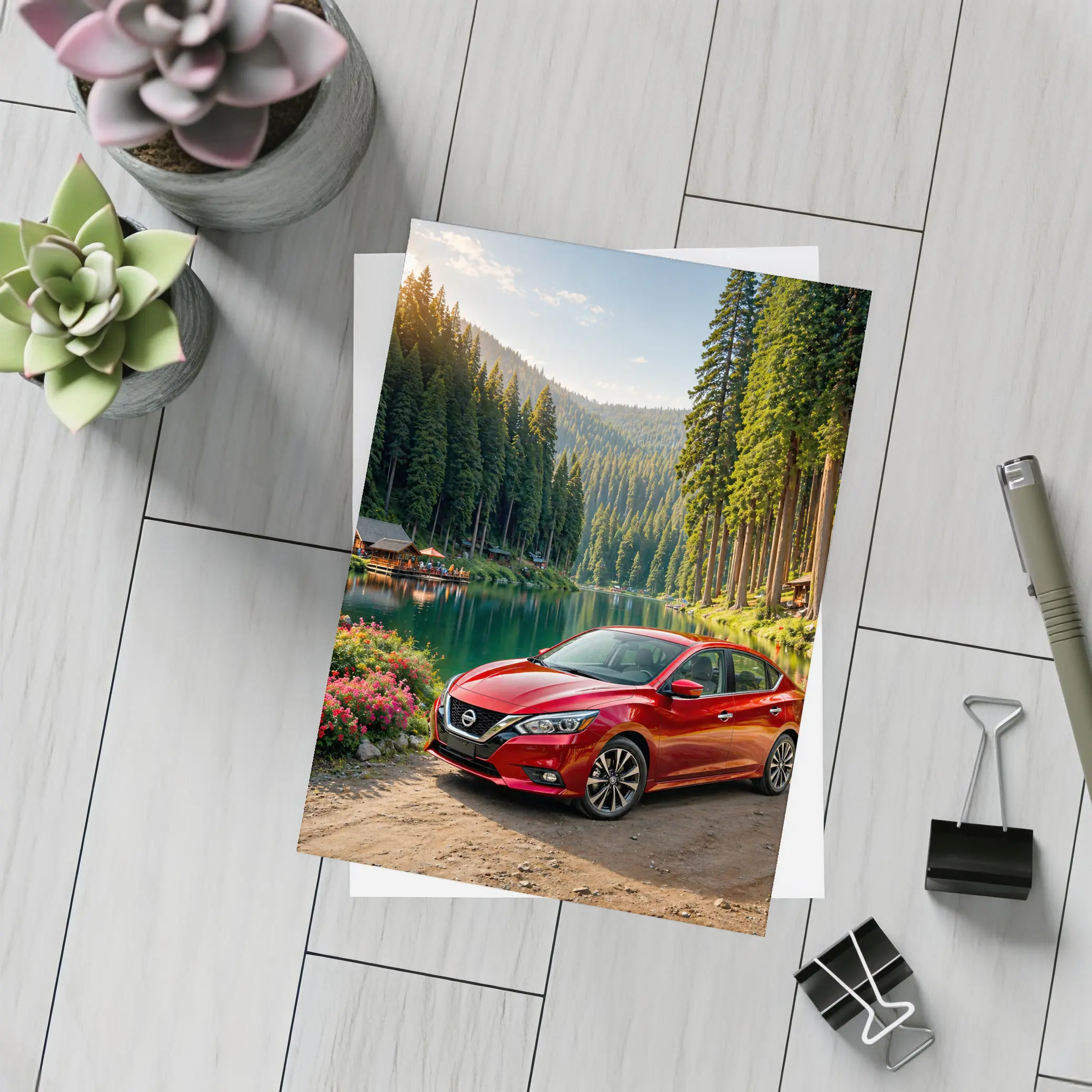 Nissan Sentra Red Sedan By Forest Lake – Postcards