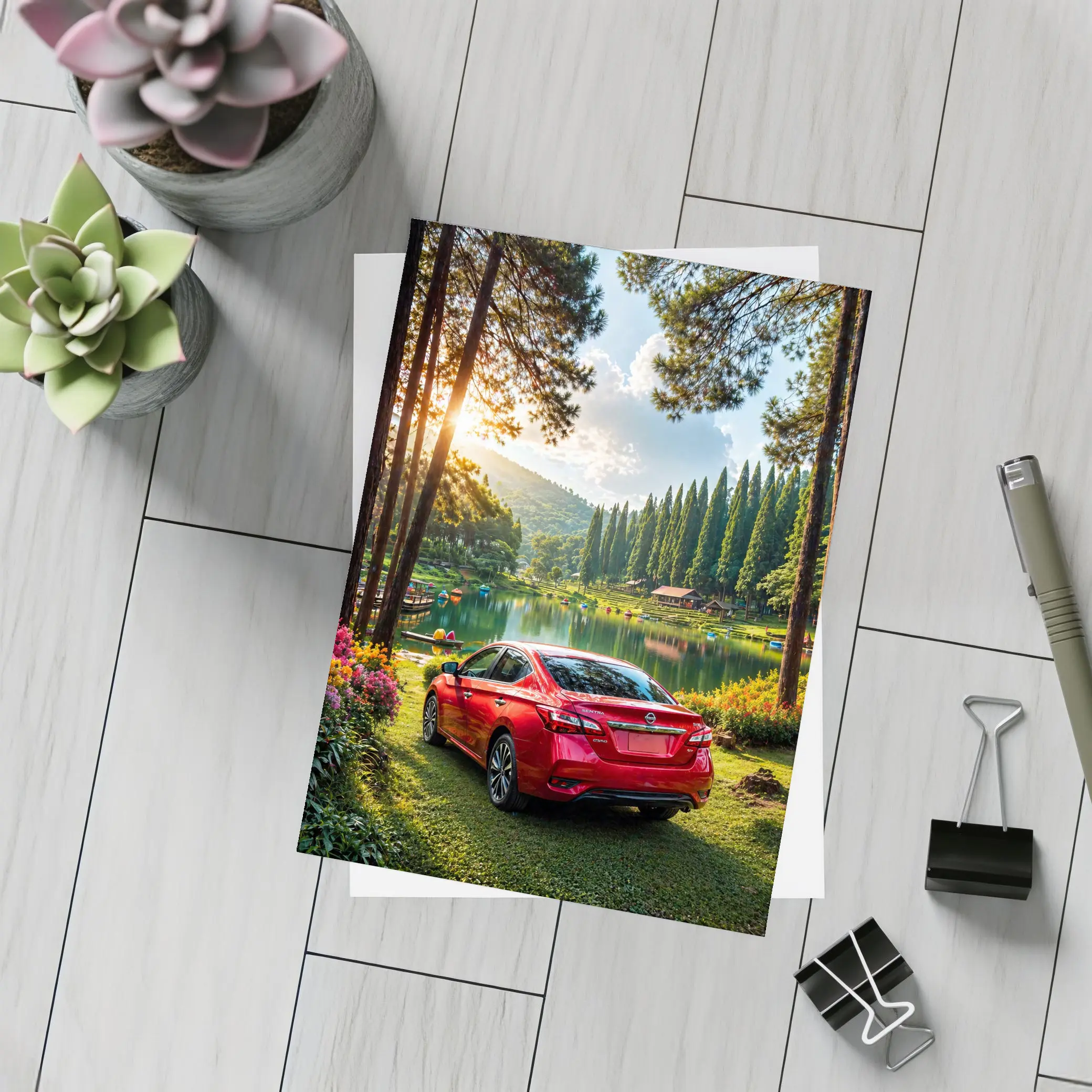 Nissan Sentra Red Sedan by Forest Lake – Postcards