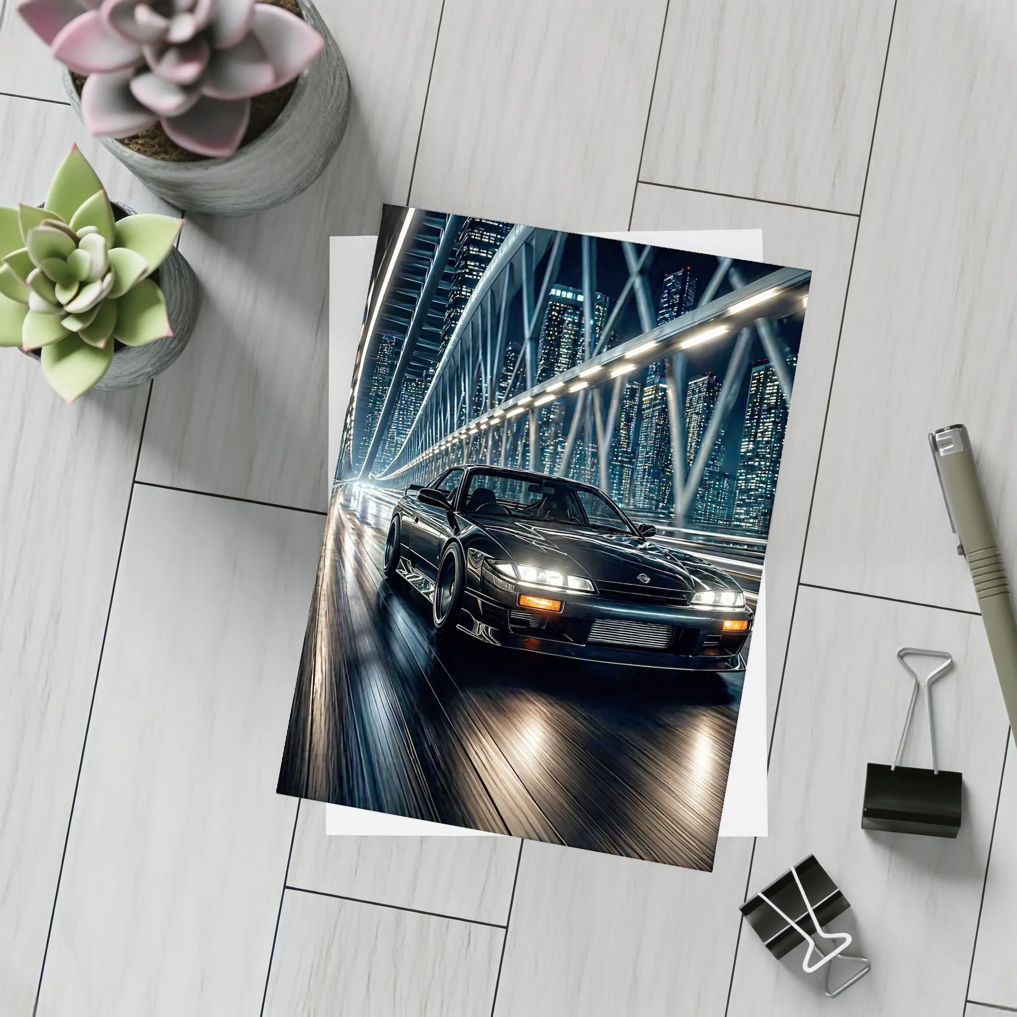 Nissan Silvia Black Night City Bridge – Postcards