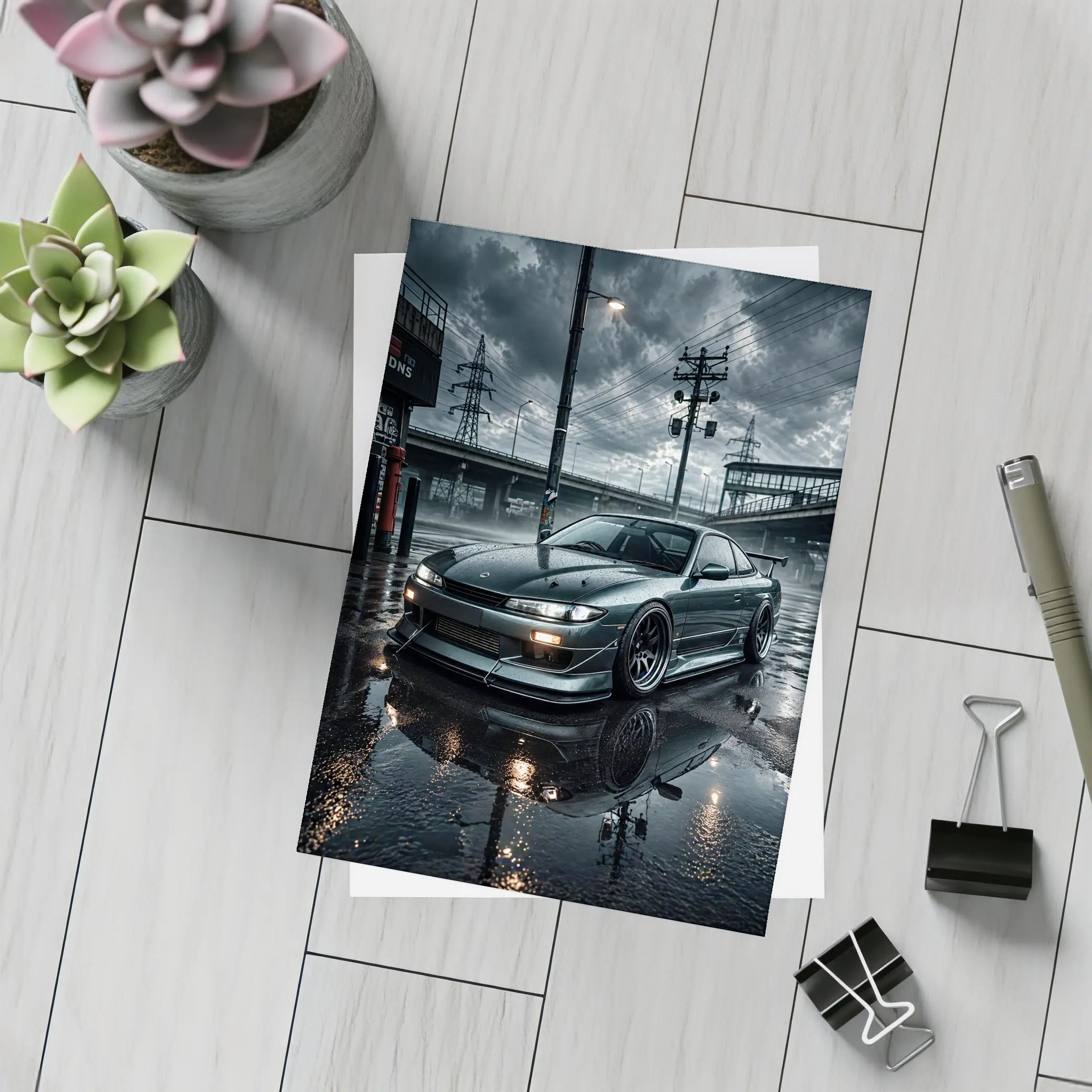 Nissan Silvia S14 Rainy Urban Night Scene – Postcards