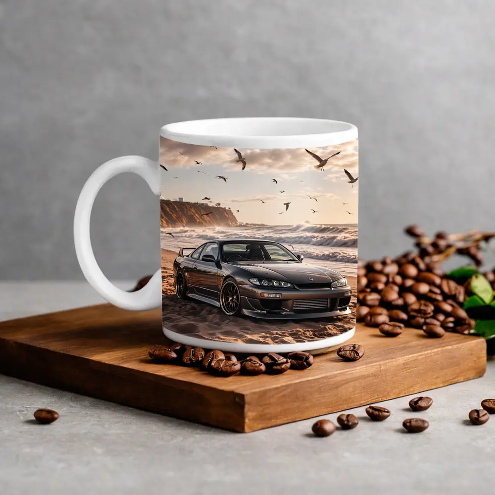 Nissan Silvia S15 Parked On Sandy Beach – Mugs
