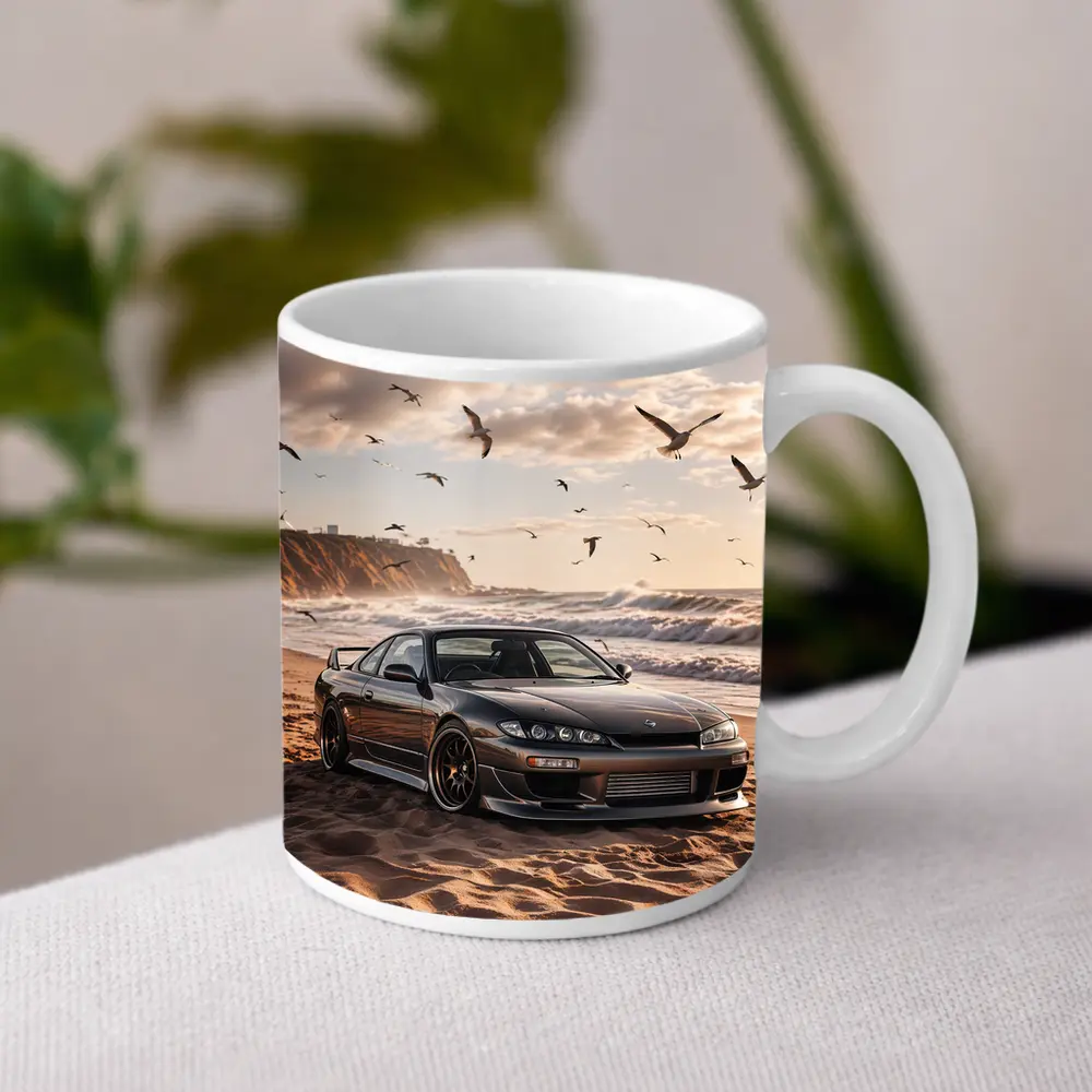 Nissan Silvia S15 Parked On Sandy Beach – Mugs