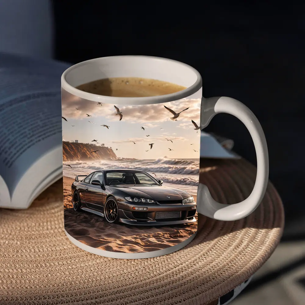 Nissan Silvia S15 Parked On Sandy Beach – Mugs