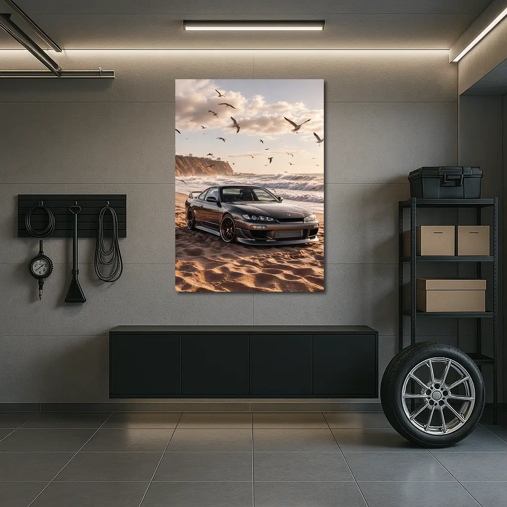 Nissan Silvia S15 Parked On Sandy Beach – Wall Art