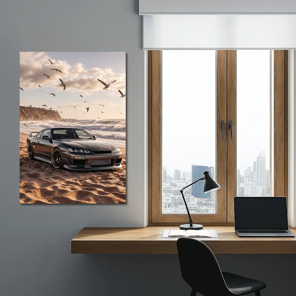 Nissan Silvia S15 Parked On Sandy Beach – Wall Art